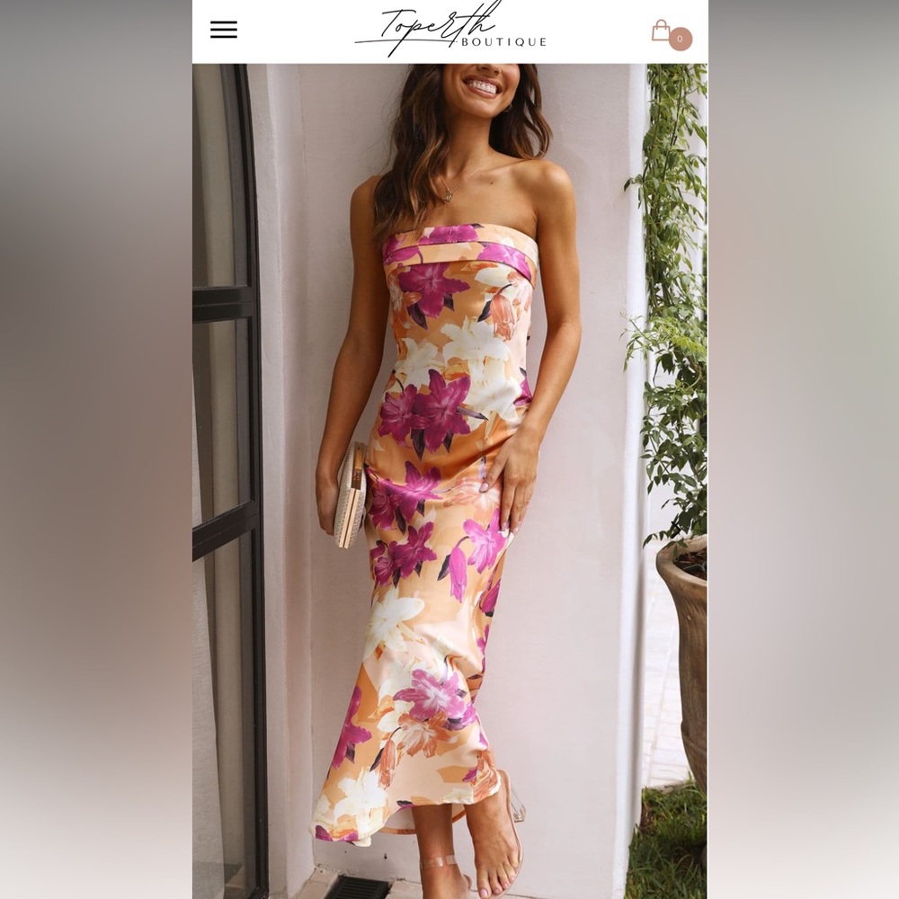 NWOT Toperth satin folded floral over bust maxi dress rose pink, size small
